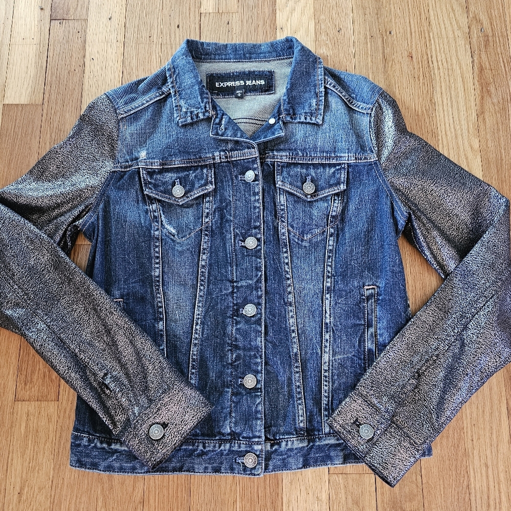 Express Jean Jacket Sparkly Black Metallic  Long Sleeves Women's Size Medium